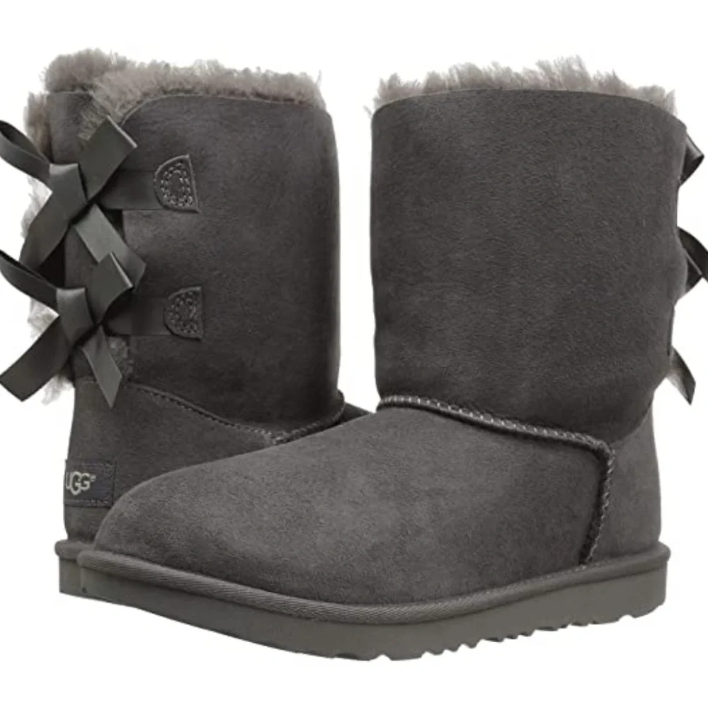 UGG Kids Girls Bailey Bow II Grey Shearling Boots Sz US 1Kid, EU 32.5, New w/Box